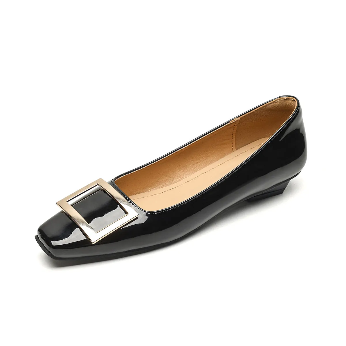 Women Fashion Squared Head Glossy Casual Pumps