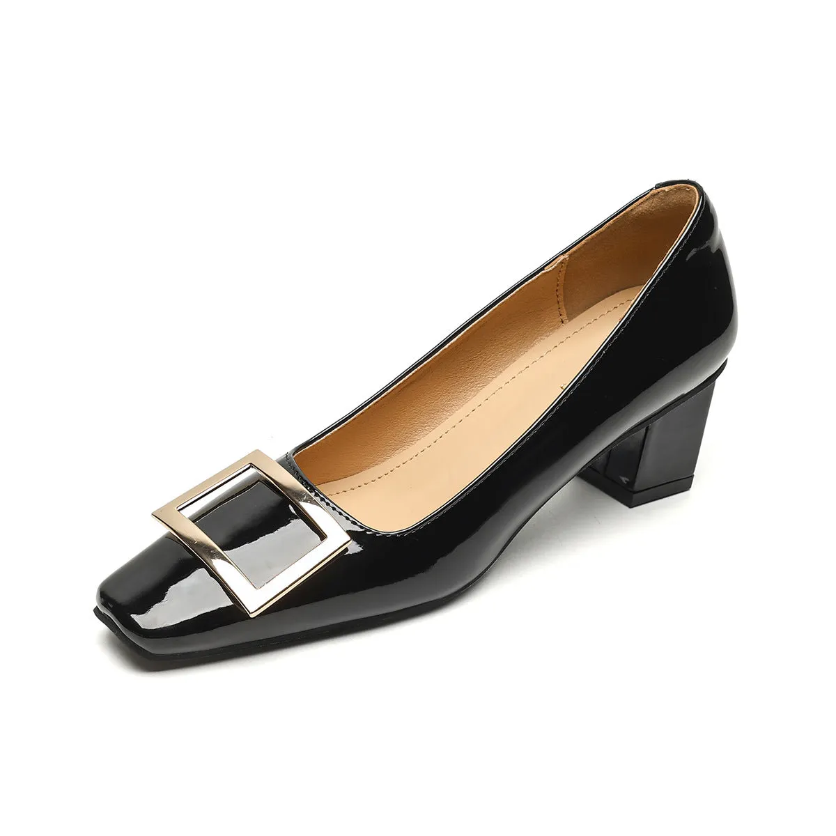 Women Fashion Squared Head Glossy Casual Pumps